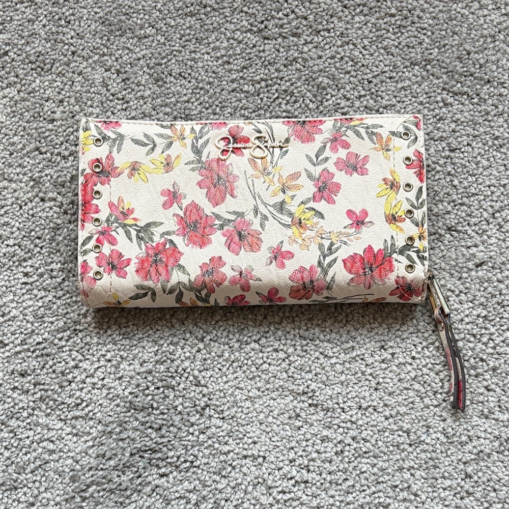 Jessica Simpson Floral Clutch with Red and Yellow Accents
